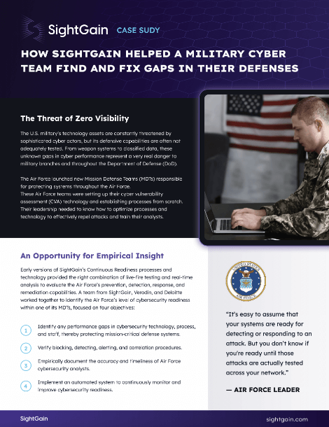 Case study showing how SightGain helped a military cyber team find and fix gaps in their defenses